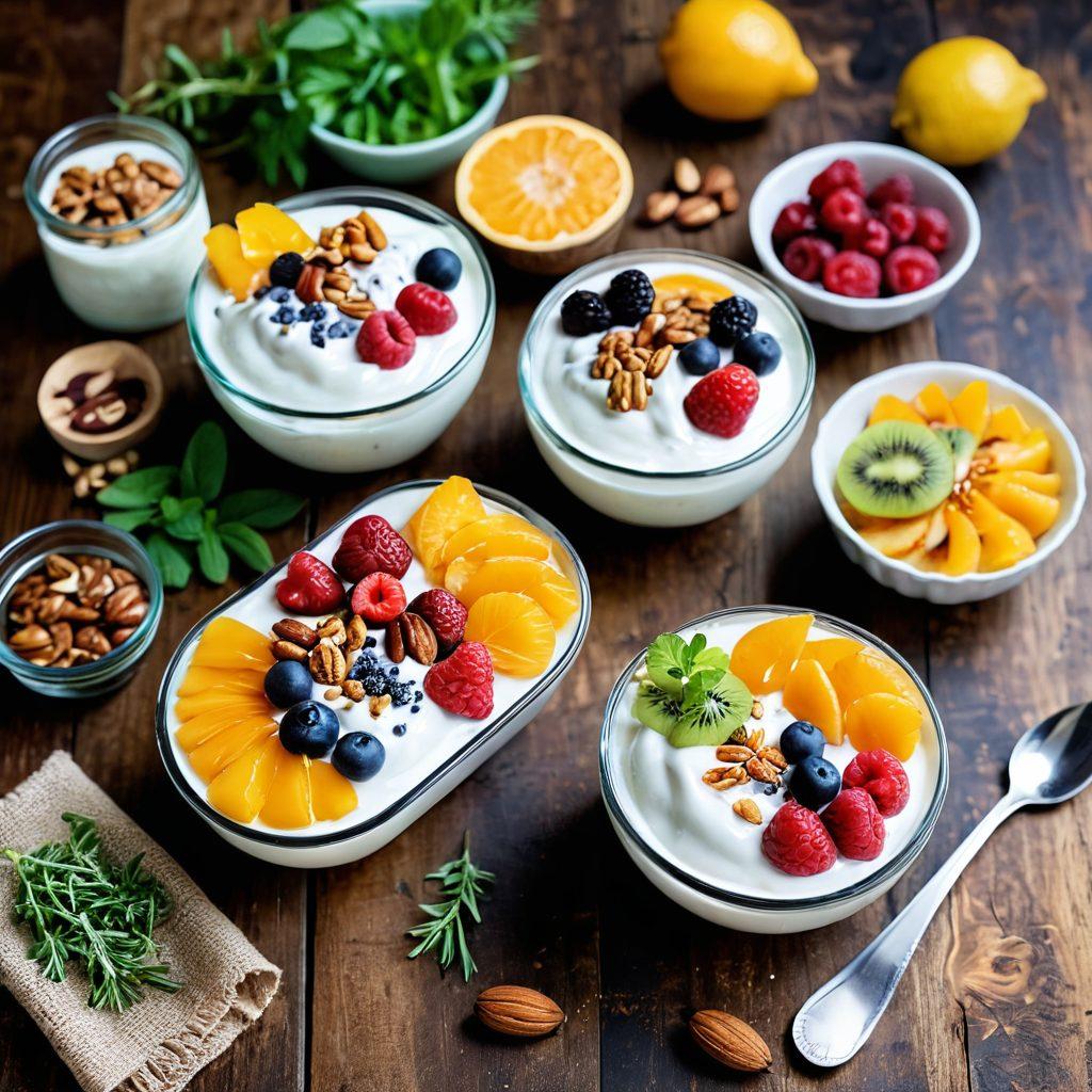 A fresh and inviting scene featuring a variety of yogurt bowls topped with colorful fruits, nuts, and honey. Include a rustic wooden table setting with jars of homemade yogurt and vibrant herbs. The overall atmosphere should evoke a wholesome lifestyle and deliciousness. Soft, natural lighting enhances the fresh ingredients. photography, vibrant colors, soft focus.