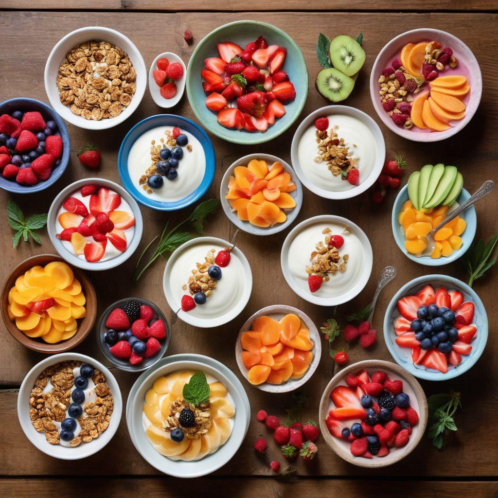 A colorful assortment of delightful yogurt-based snacks, beautifully arranged on a rustic wooden table. Include bowls of layered yogurt parfaits with fresh fruits, nuts, and granola, alongside dip bowls of yogurt sauces and healthy veggie sticks. Add a bright, sunny kitchen backdrop with plants and soft natural light to evoke a warm family atmosphere. Include playful elements like colorful spoons and small plates with kids enjoying the snacks. vibrant colors. super-realistic.